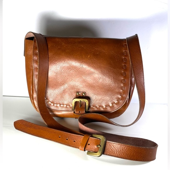 Cruel Handbags - Cruel Brown Leather Saddle Crossbody Shoulder Bag Western Rustic Vintage Buckle